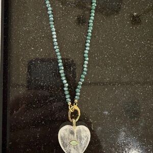 Gold Heart Pendant Necklace with Teal Beaded Chain